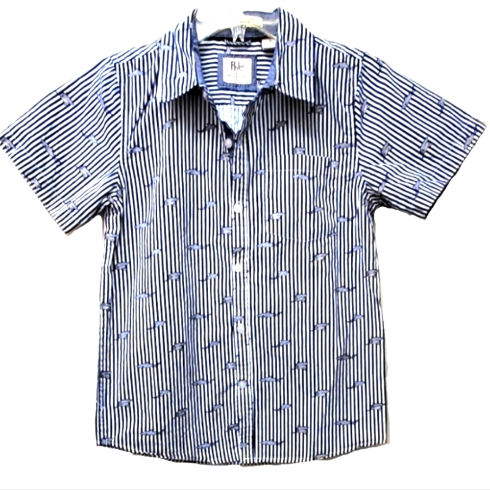 RJ&C Navy White Stripes Shark Cotton Button Up Shirt Size 14 Yrs